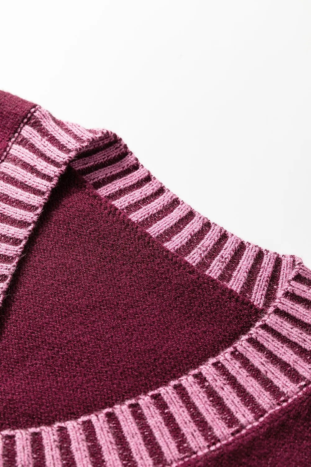 Burgundy Contrast Trim V Neck Short Sleeve Loose Sweater Dear-Lover Dropshipping